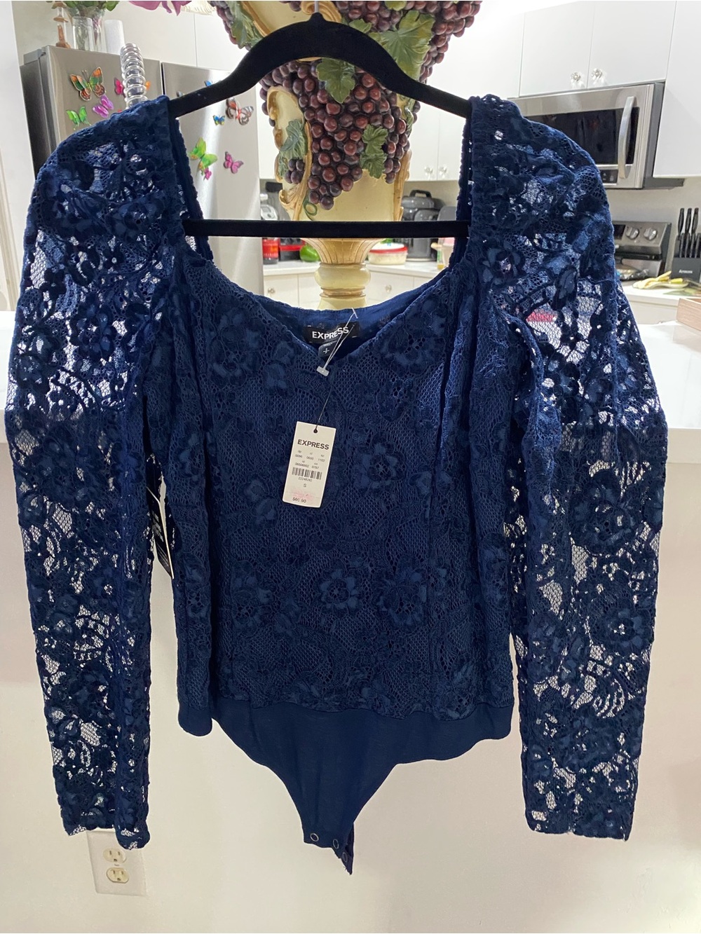 Express Navy Floral Lace Bodysuit Top
